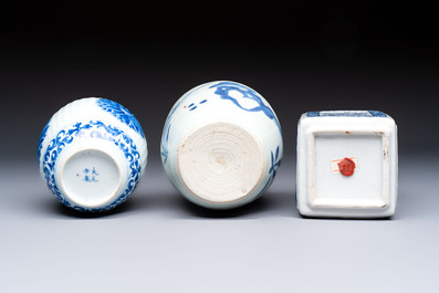 Three Chinese blue and white tea caddies, Chenghua mark, Shunzhi and later