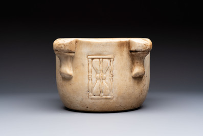 A large Italian carved marble 'Memento Mori' apothecary mortar, 17th C.