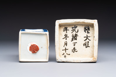 A Chinese blue and white square bitong, a 'Dragon' censer, a covered box, a vase and a paperweight, Guangxu mark, 18/19th C.