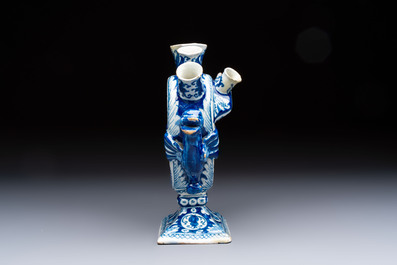 A blue and white Dutch Delft heart-shaped tulip vase, early 18th C.