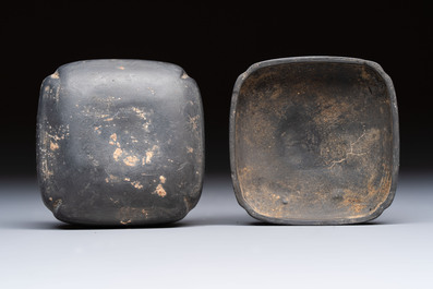 A Chinese carved black pottery 'Mythical Animal' box and cover, Yuan/Ming