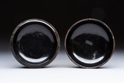 Two Chinese cinnabar lacquer covered boxes and a bottle vase, 19th C.
