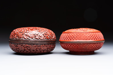 Two Chinese cinnabar lacquer covered boxes and a bottle vase, 19th C.