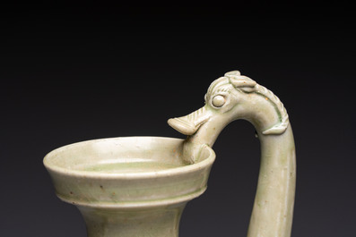 A fine Chinese Yueyao green-glazed chicken-head ewer with dragon-form handle, Southern Dynasties