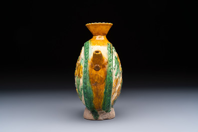 A rare Chinese sancai 'Phoenix' ewer with a wooden box, Liao
