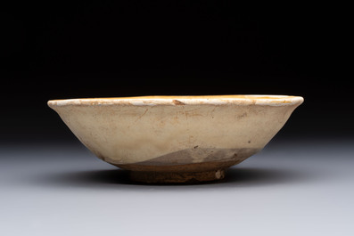 A Chinese Cizhou iron-red-decorated yellow-ground 'Poem' bowl with a wooden box, Jin