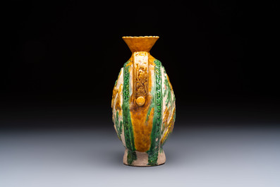 A rare Chinese sancai 'Phoenix' ewer with a wooden box, Liao