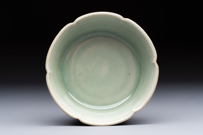 A Chinese Longquan celadon flower-shaped brush washer with a wooden box, Southern Song