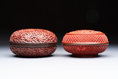 Two Chinese cinnabar lacquer covered boxes and a bottle vase, 19th C.