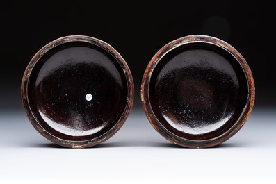 Two Chinese cinnabar lacquer covered boxes and a bottle vase, 19th C.