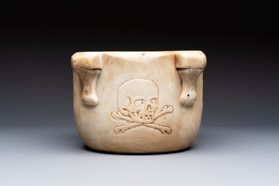 A large Italian carved marble 'Memento Mori' apothecary mortar, 17th C.