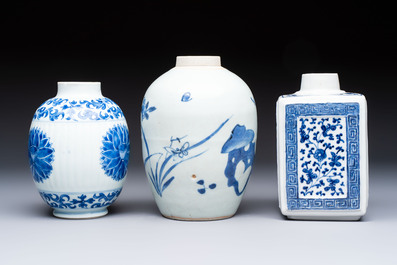Three Chinese blue and white tea caddies, Chenghua mark, Shunzhi and later
