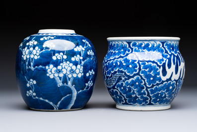 A Chinese blue and white square bitong, a 'Dragon' censer, a covered box, a vase and a paperweight, Guangxu mark, 18/19th C.