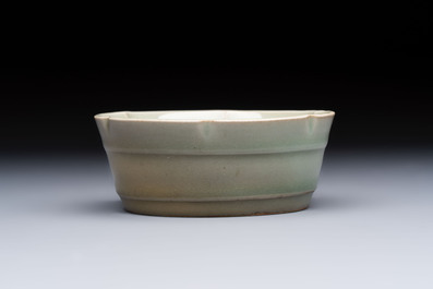 A Chinese Longquan celadon flower-shaped brush washer with a wooden box, Southern Song