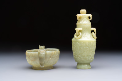 A Chinese celadon jade covered vase, with wooden stand, and a bowl with wooden cover and stand, 19/20th C.