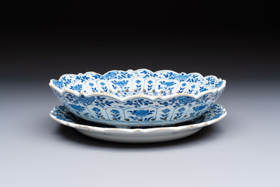 A blue and white Dutch Delft Kangxi-style strawberry strainer and stand, 18th C.