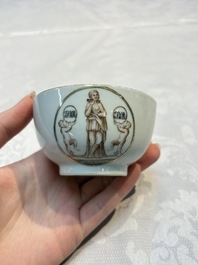 Two sets of Chinese export monogrammed polychrome cups and saucers, Qianlong/Jiaqing