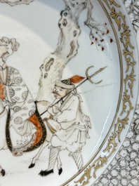 A fine Chinese grisaille, iron-red and gilt-decorated 'Riders on Horseback' plate, Yongzheng