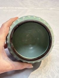 A Chinese Longquan celadon 'Lotus' jar with bronze mount, Song