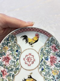 A pair of fine Chinese famille rose 'Rooster' cups and saucers, Yongzheng