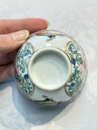 A pair of fine Chinese famille rose 'Rooster' cups and saucers, Yongzheng