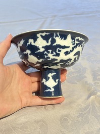 A Chinese sacrificial-blue-ground stem bowl with incised dragon design, Xuande mark, Republic