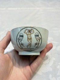 Two sets of Chinese export monogrammed polychrome cups and saucers, Qianlong/Jiaqing