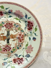 A pair of Chinese famille rose 'He He Er Xian' plates, Yongzheng/Qianlong