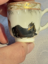 A pair of rare Chinese gilt- and silver-decorated grisaille and iron-red miniature 'Horse' cups, Yongzheng/Qianlong