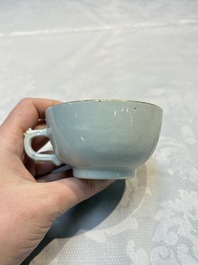 Two sets of Chinese export monogrammed polychrome cups and saucers, Qianlong/Jiaqing
