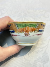Three sets of Chinese famille rose gilt-decorated 'Bird among Flowering Branches' cups and saucers, 19th C.