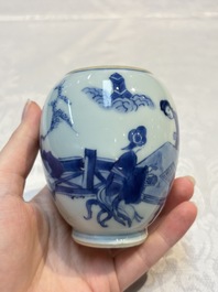 A Chinese blue and white tea caddy with figural design, artemisia leaf mark, Kangxi