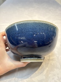 A Chinese blue-glazed 'Hatcher Cargo' bowl with incised dragons, Transitional period