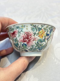 A pair of fine Chinese famille rose 'Rooster' cups and saucers, Yongzheng