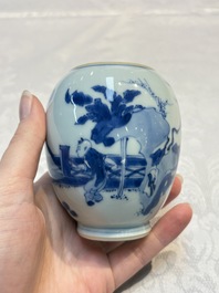A Chinese blue and white tea caddy with figural design, artemisia leaf mark, Kangxi