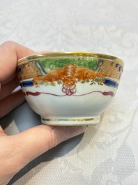 Three sets of Chinese famille rose gilt-decorated 'Bird among Flowering Branches' cups and saucers, 19th C.