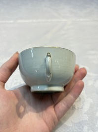 Two sets of Chinese export monogrammed polychrome cups and saucers, Qianlong/Jiaqing