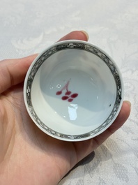 An extremely rare Chinese famille rose 'L'Apoticaire Charitable' cup and saucer, Yongzheng/Qianlong
