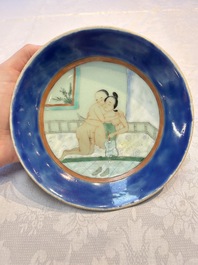 A Chinese famille verte 'Erotic Subject' plate, 19th C.