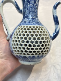 A rare Chinese blue and white reticulated double-walled ewer and cover with floral design, Kangxi