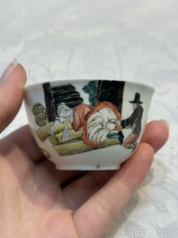 An extremely rare Chinese famille rose 'L'Apoticaire Charitable' cup and saucer, Yongzheng/Qianlong