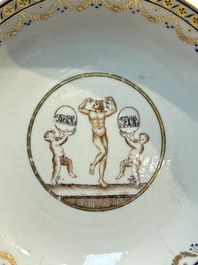 Two sets of Chinese export monogrammed polychrome cups and saucers, Qianlong/Jiaqing