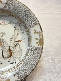 A fine Chinese grisaille, iron-red and gilt-decorated 'Riders on Horseback' plate, Yongzheng