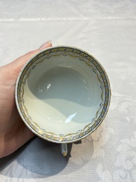 Two sets of Chinese export monogrammed polychrome cups and saucers, Qianlong/Jiaqing