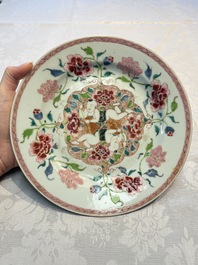 A pair of Chinese famille rose 'He He Er Xian' plates, Yongzheng/Qianlong