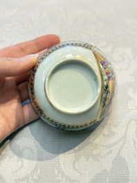 A Chinese famille rose gilt-decorated cup and saucer with figural design, Jiaqing