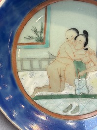 A Chinese famille verte 'Erotic Subject' plate, 19th C.