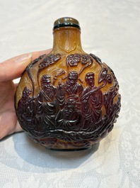 A very large Chinese brown-overlay amber glass 'Ba Xian Zhu Shou 八仙祝壽&lsquo; table snuff bottle, 19th C.