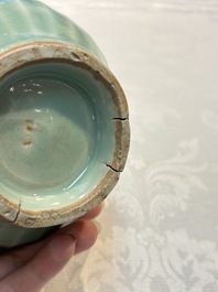 A Chinese Longquan celadon 'Lotus' jar with bronze mount, Song