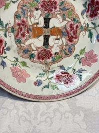A pair of Chinese famille rose 'He He Er Xian' plates, Yongzheng/Qianlong